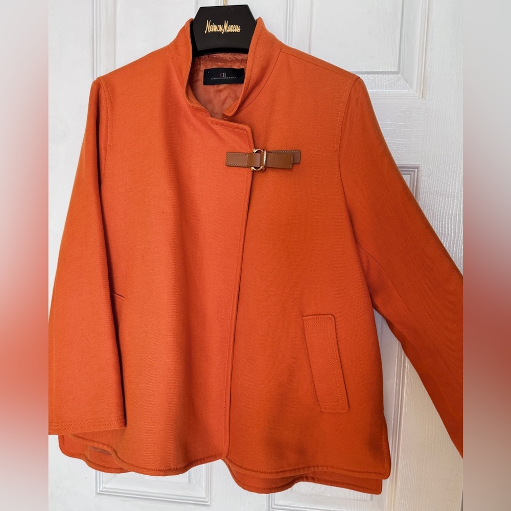 CH CAROLINA HERRERA New Orange A-Line Jacket/Coat Leather Toggle Closure Size L